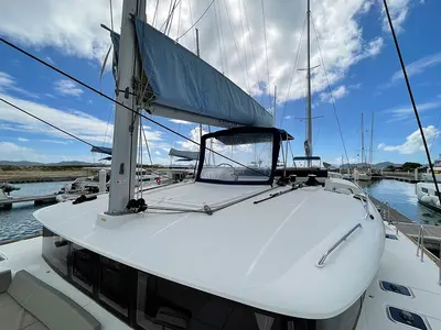 Cockpit of Gatto di Mare , a Lagoon 450 F catamaran at Roche Caiman, Seychelles