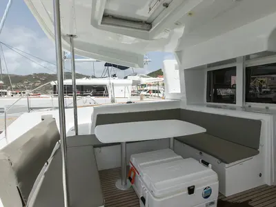 Salon of Gatto di Mare , a Lagoon 450 F catamaran at Roche Caiman, Seychelles