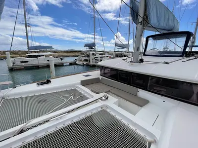 Deck of Gatto di Mare , a Lagoon 450 F catamaran at Roche Caiman, Seychelles