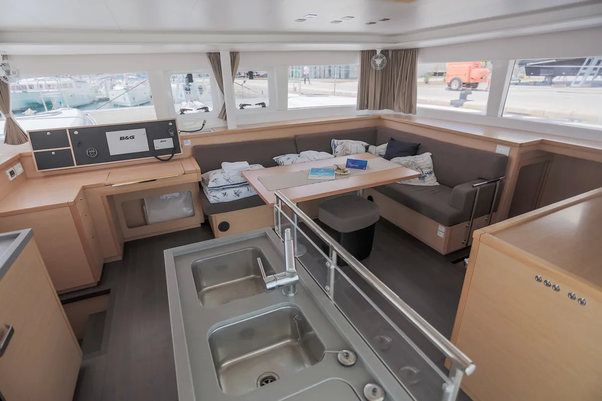 Galley of Gatto di Mare , a Lagoon 450 F catamaran at Roche Caiman, Seychelles