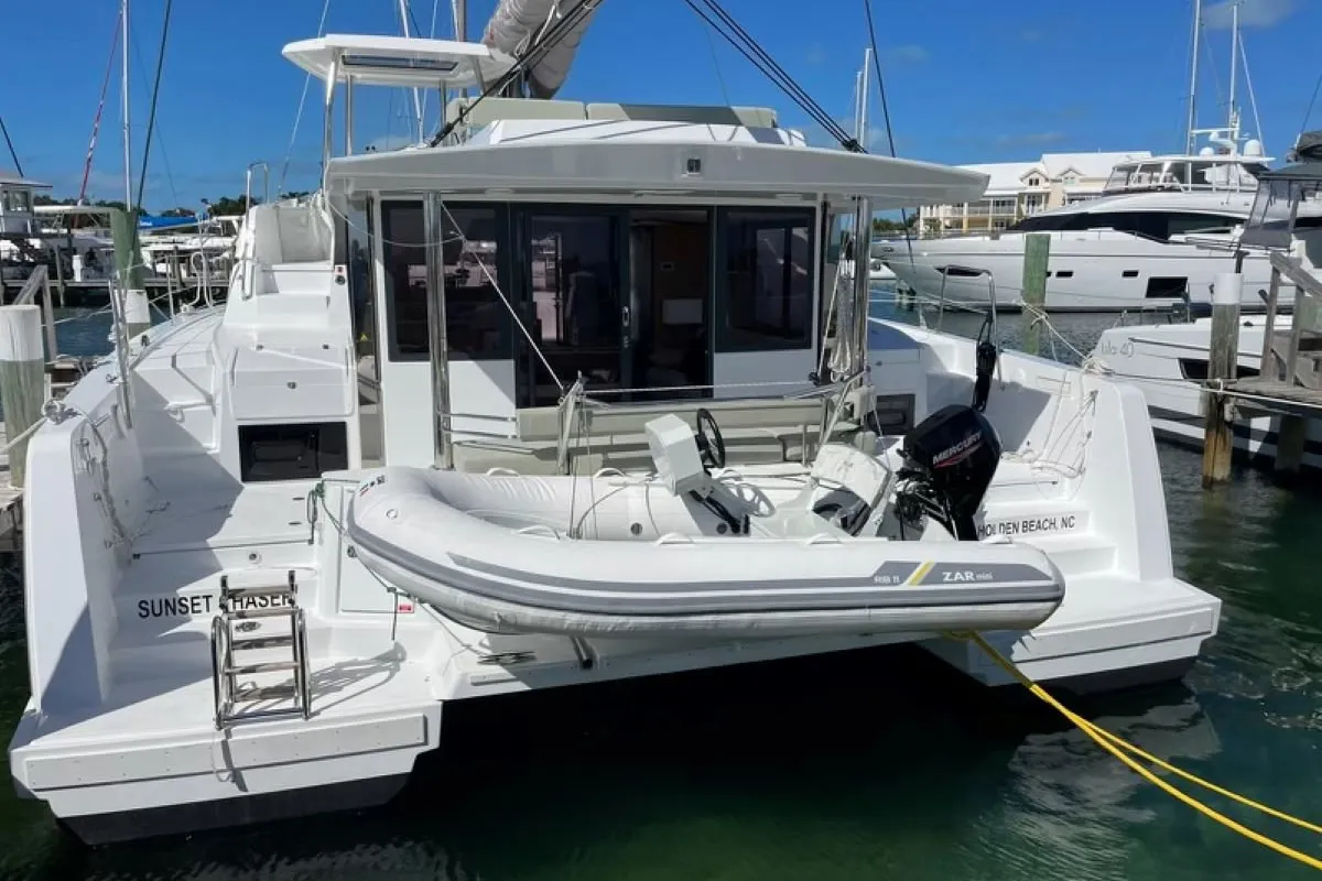 Exterior view of Sunset Chaser, a Bali 4.4 catamaran at Central Abaco, Bahamas