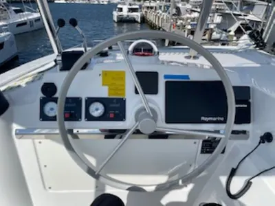 Cockpit of Sunset Chaser, a Bali 4.4 catamaran at Central Abaco, Bahamas