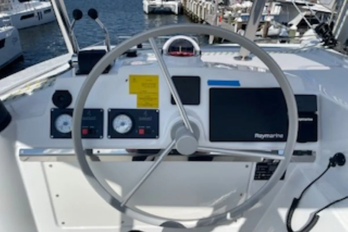 Cockpit of Sunset Chaser, a Bali 4.4 catamaran at Central Abaco, Bahamas