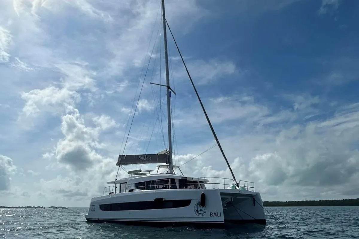 Exterior view of Sunset Chaser, a Bali 4.4 catamaran at Central Abaco, Bahamas