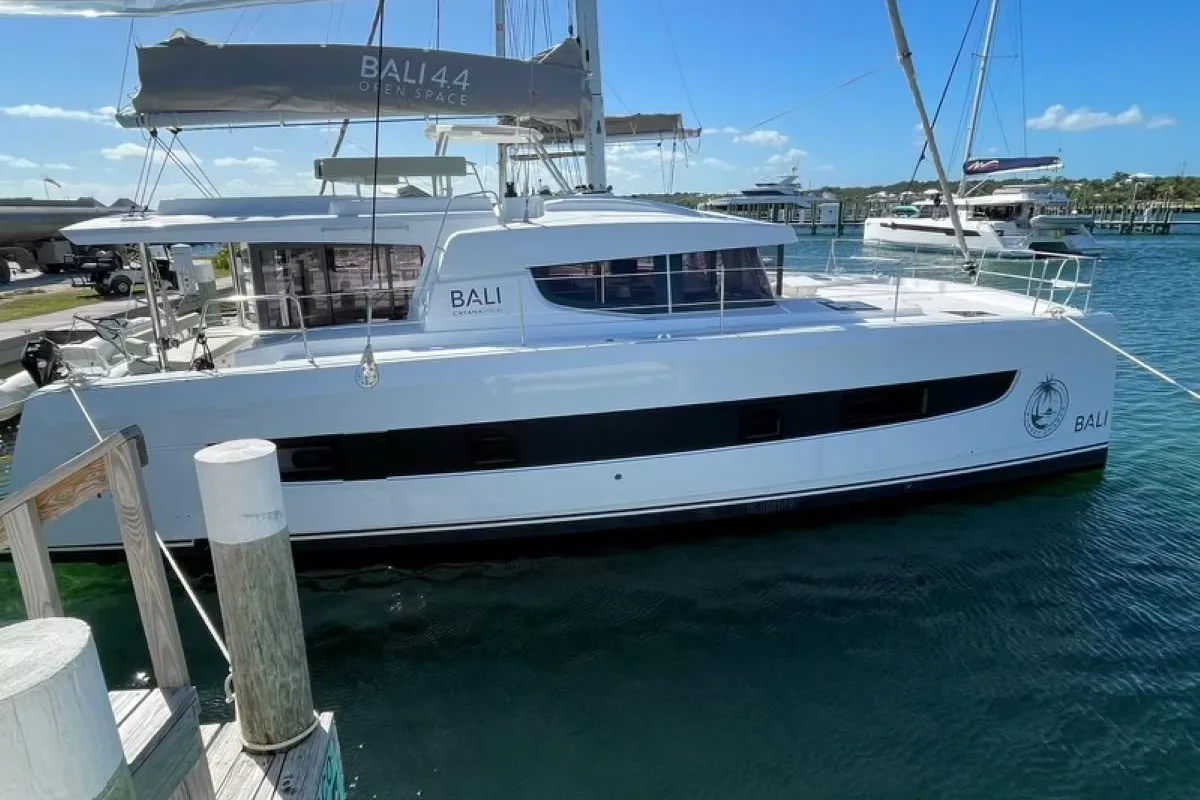 Exterior view of Sunset Chaser, a Bali 4.4 catamaran at Central Abaco, Bahamas