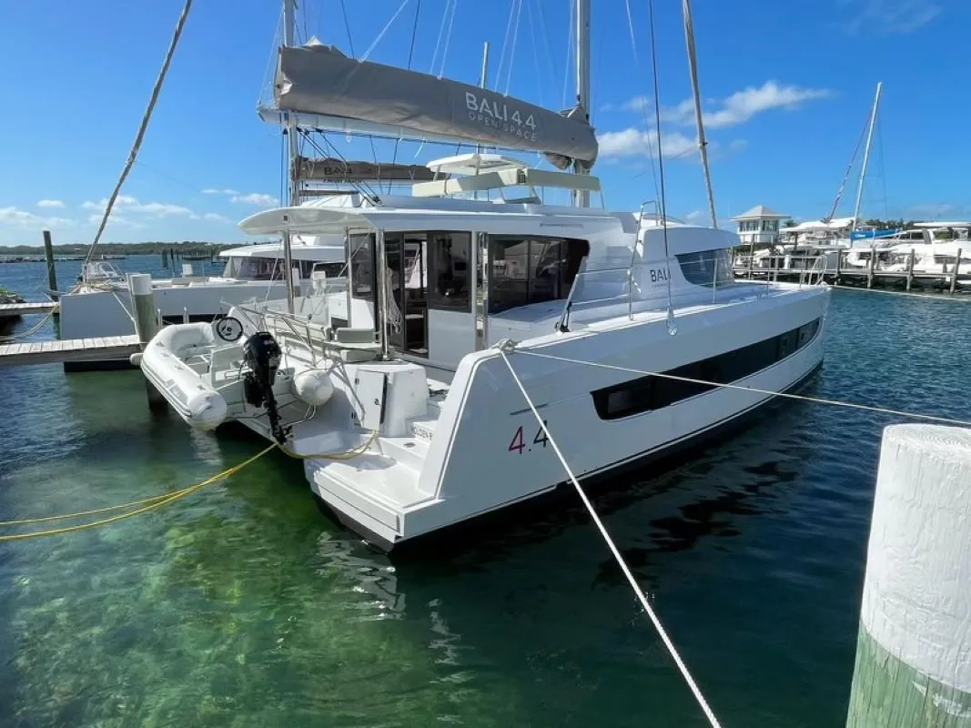 Exterior view of Sunset Chaser, a Bali 4.4 catamaran at Central Abaco, Bahamas