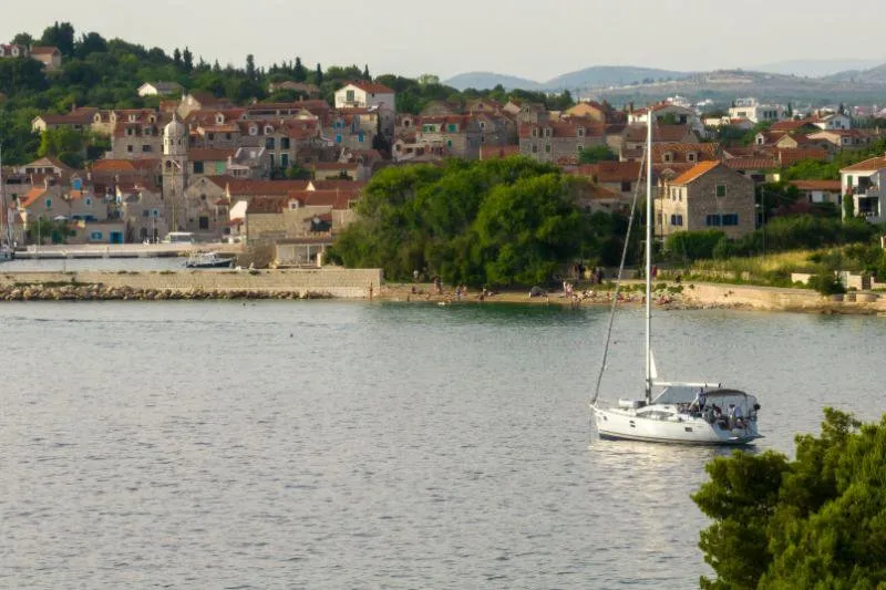 Exterior view of No Limits, a Elan Impression 45 sailboat at Tribunj, Croatia