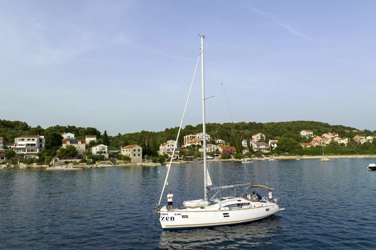 Exterior view of No Limits, a Elan Impression 45 sailboat at Tribunj, Croatia