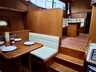 Salon of Atlas, a Tyvano 1400 motorboat at Heukelum, Netherlands