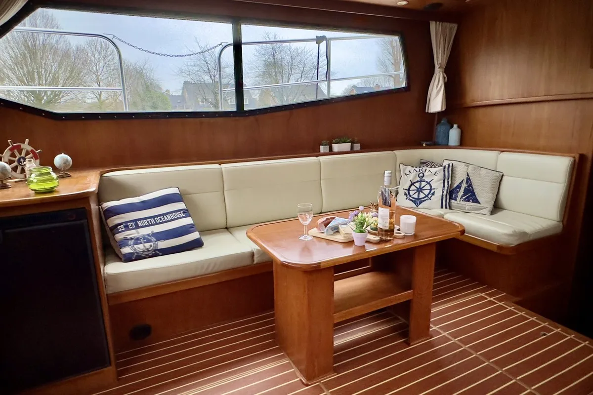 Salon of Atlas, a Tyvano 1400 motorboat at Heukelum, Netherlands