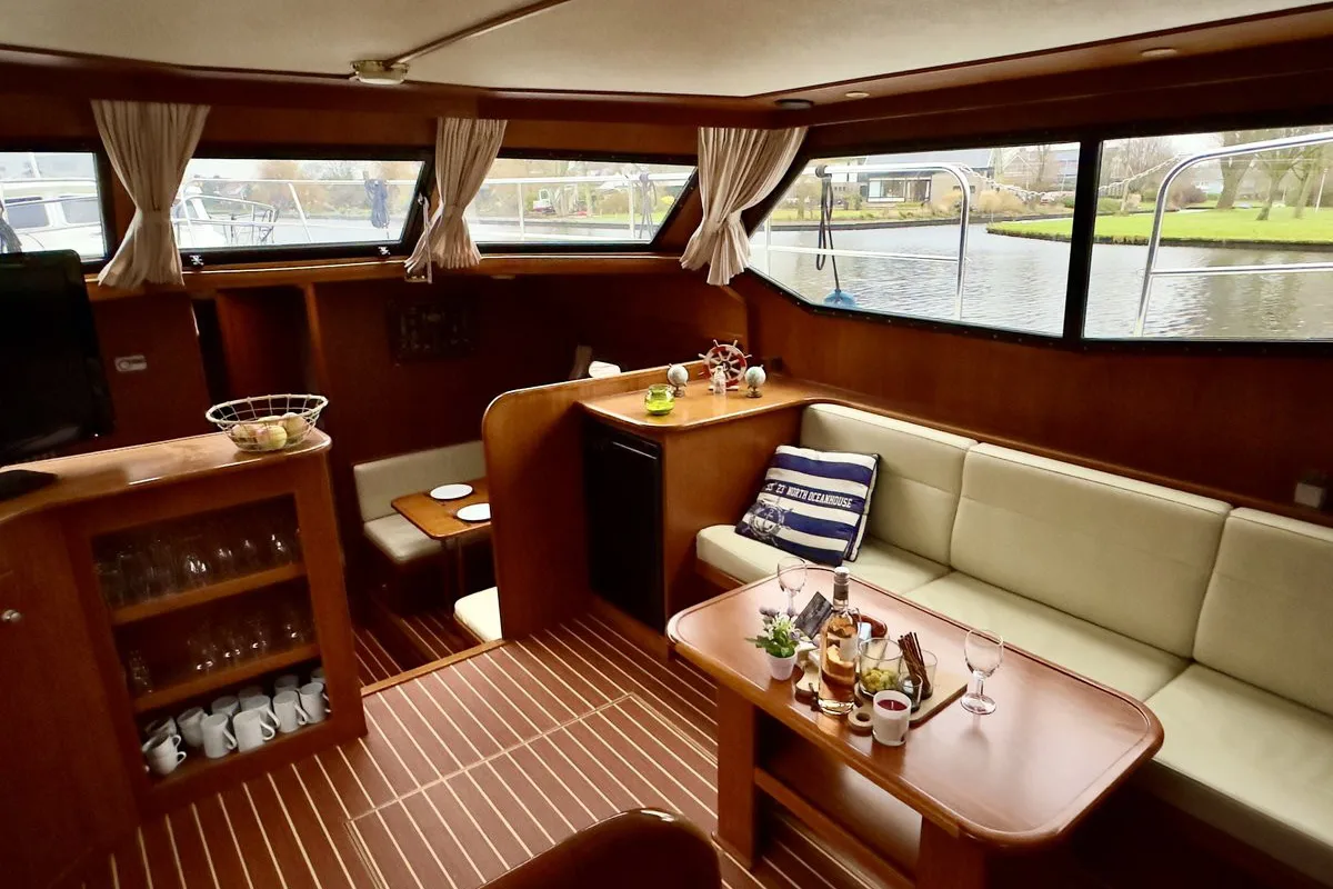 Salon of Atlas, a Tyvano 1400 motorboat at Heukelum, Netherlands