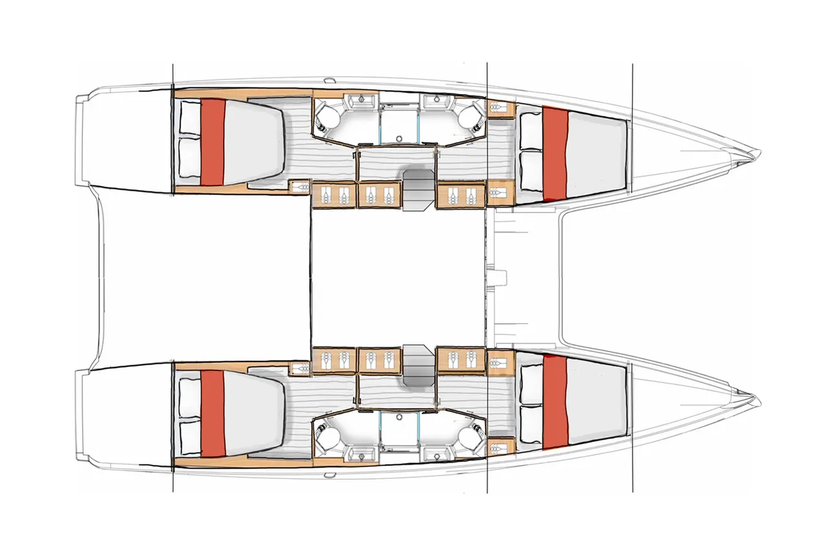 Floor plan of One Journey, a Excess 13 catamaran at Athens, Greece