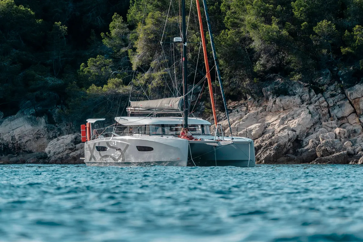 Exterior view of One Journey, a Excess 13 catamaran at Athens, Greece