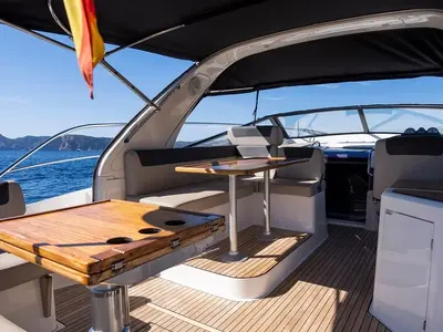 Deck of Felicita, a Bavaria Sport 360 Open motorboat at Calvià, Spain