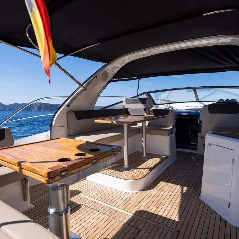 Deck of Felicita, a Bavaria Sport 360 Open motorboat at Calvià, Spain