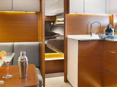 Galley of Felicita, a Bavaria Sport 360 Open motorboat at Calvià, Spain