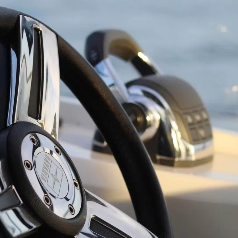 Cockpit of Felicita, a Bavaria Sport 360 Open motorboat at Calvià, Spain