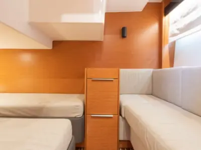 Cabin on Felicita, a Bavaria Sport 360 Open motorboat at Calvià, Spain
