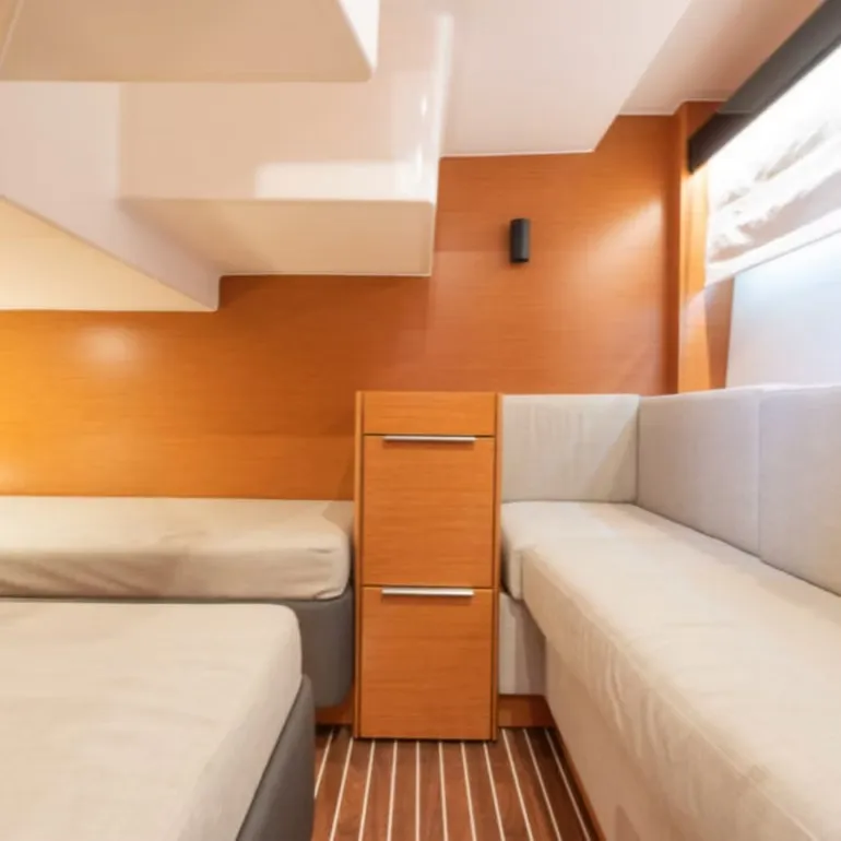 Cabin on Felicita, a Bavaria Sport 360 Open motorboat at Calvià, Spain