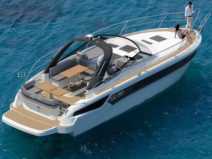Exterior view of Felicita, a Bavaria Sport 360 Open motorboat at Calvià, Spain