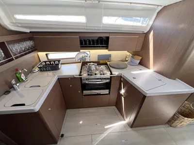 Galley of ESCAPE, a Beneteau Oceanis 40.1 sailboat at Athens, Greece
