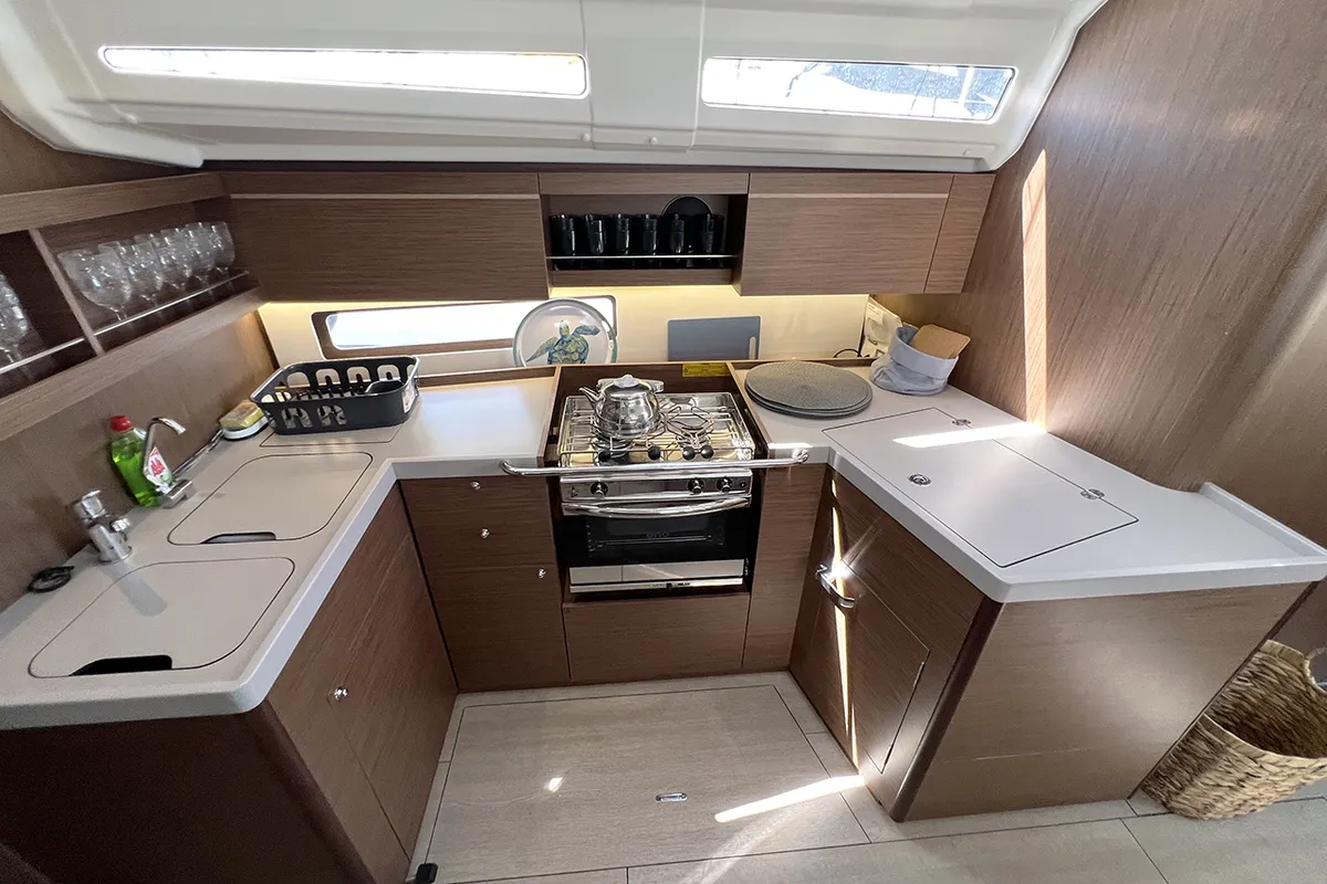 Galley of ESCAPE, a Beneteau Oceanis 40.1 sailboat at Athens, Greece