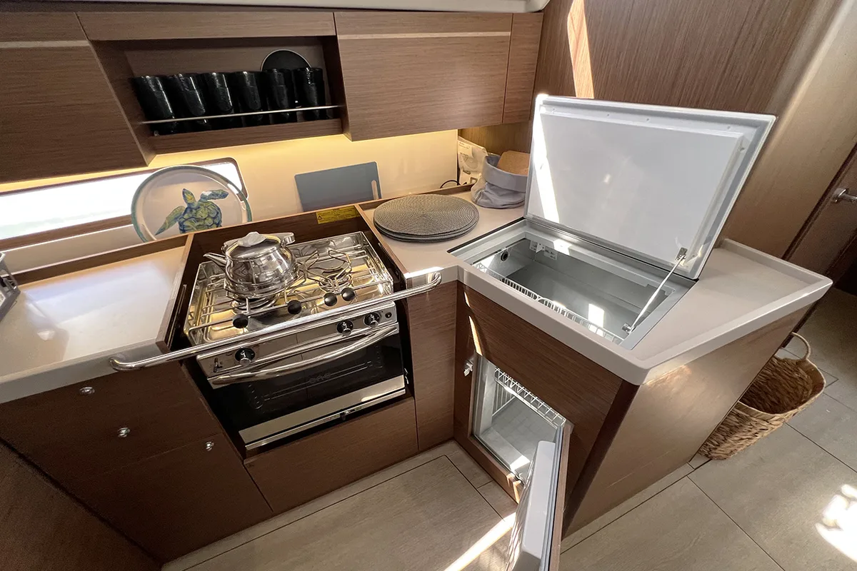 Galley of ESCAPE, a Beneteau Oceanis 40.1 sailboat at Athens, Greece