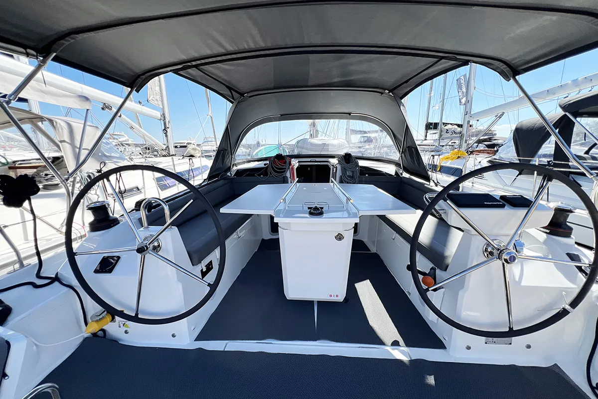 Cockpit of ESCAPE, a Beneteau Oceanis 40.1 sailboat at Athens, Greece