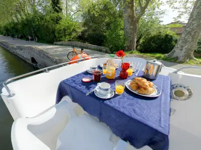 Deck of Countess - Budget 3, a Cygnet Countess motorboat at Castelnaudary, France