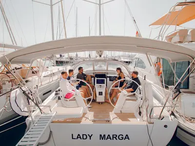 Cockpit of Lady Marga, a Hanse 388 sailboat at Dénia, Spain