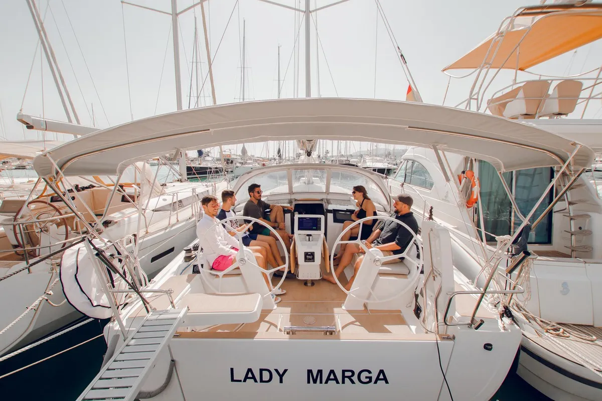 Cockpit of Lady Marga, a Hanse 388 sailboat at Dénia, Spain
