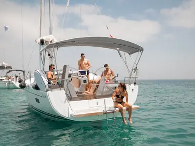 Deck of Lady Marga, a Hanse 388 sailboat at Dénia, Spain