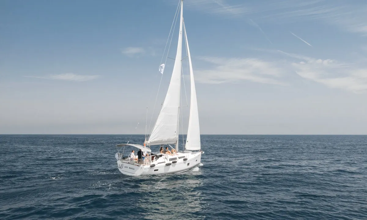Exterior view of Lady Marga, a Hanse 388 sailboat at Dénia, Spain