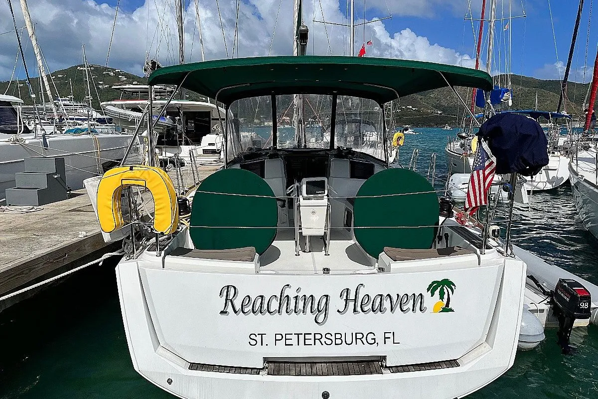 Exterior view of Reaching Heaven, a Jeanneau Sun Odyssey 389 sailboat at Road Town, British Virgin Islands