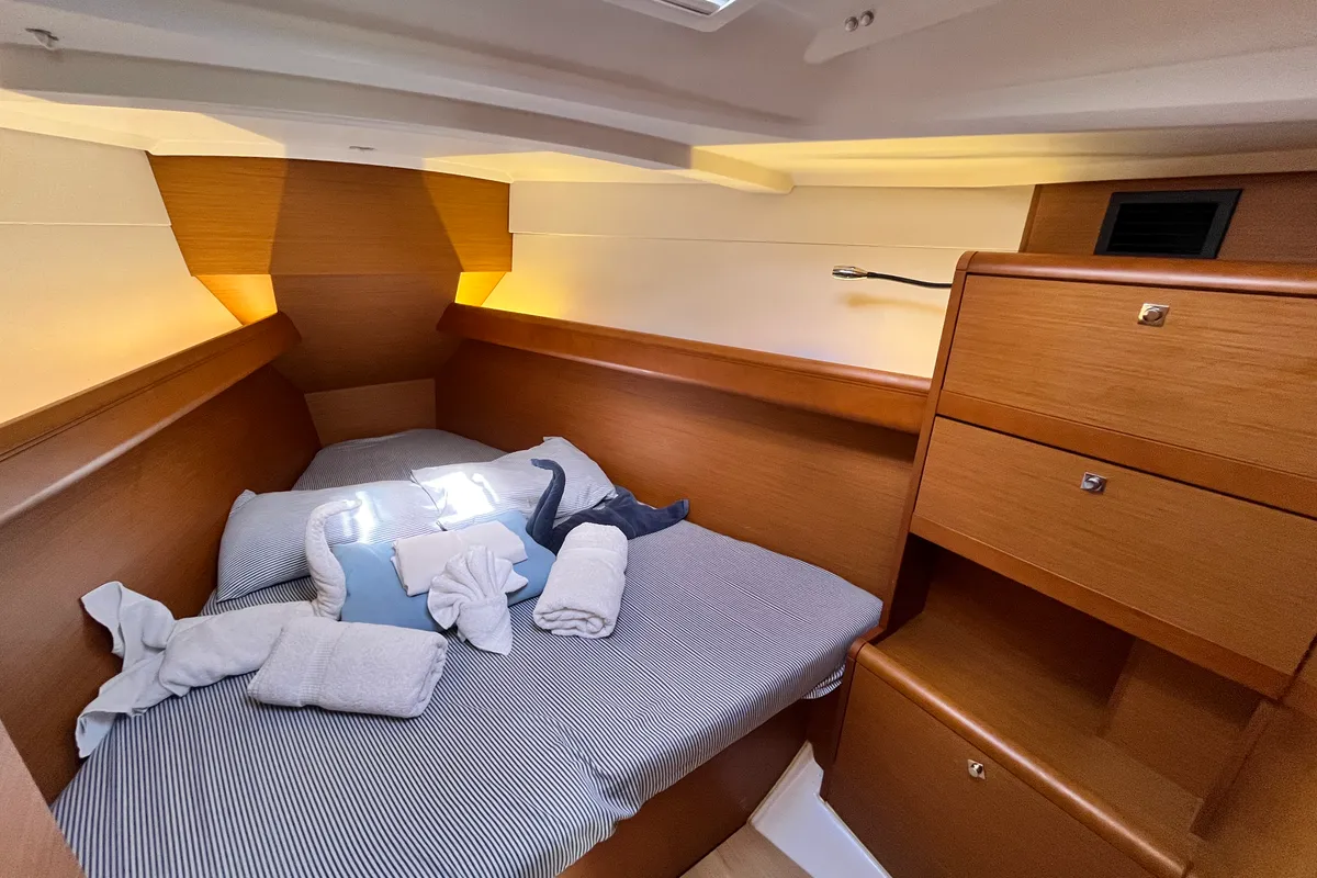 Cabin on Reaching Heaven, a Jeanneau Sun Odyssey 389 sailboat at Road Town, British Virgin Islands