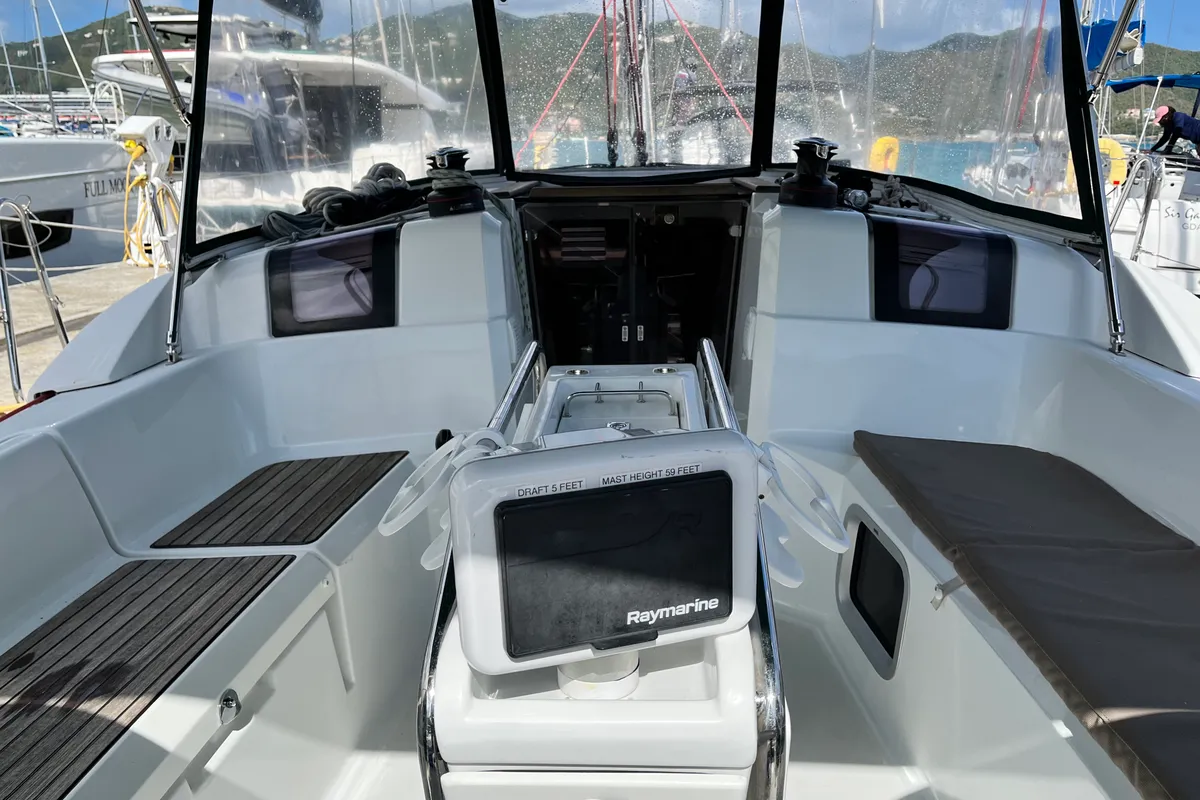 Cockpit of Reaching Heaven, a Jeanneau Sun Odyssey 389 sailboat at Road Town, British Virgin Islands