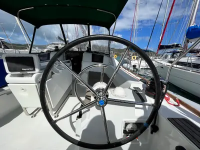 Cockpit of Reaching Heaven, a Jeanneau Sun Odyssey 389 sailboat at Road Town, British Virgin Islands