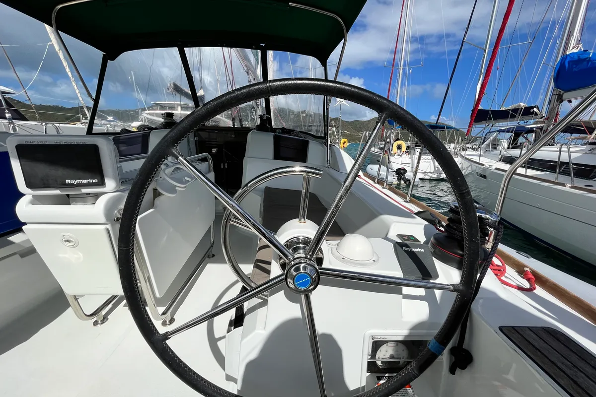 Cockpit of Reaching Heaven, a Jeanneau Sun Odyssey 389 sailboat at Road Town, British Virgin Islands