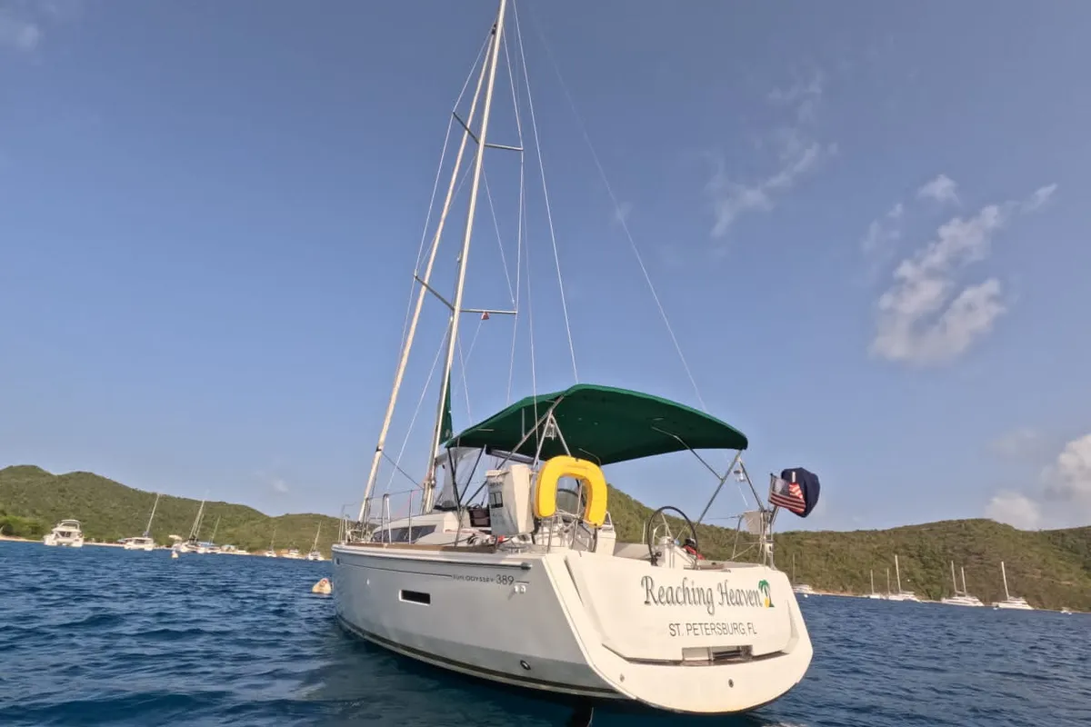 Exterior view of Reaching Heaven, a Jeanneau Sun Odyssey 389 sailboat at Road Town, British Virgin Islands
