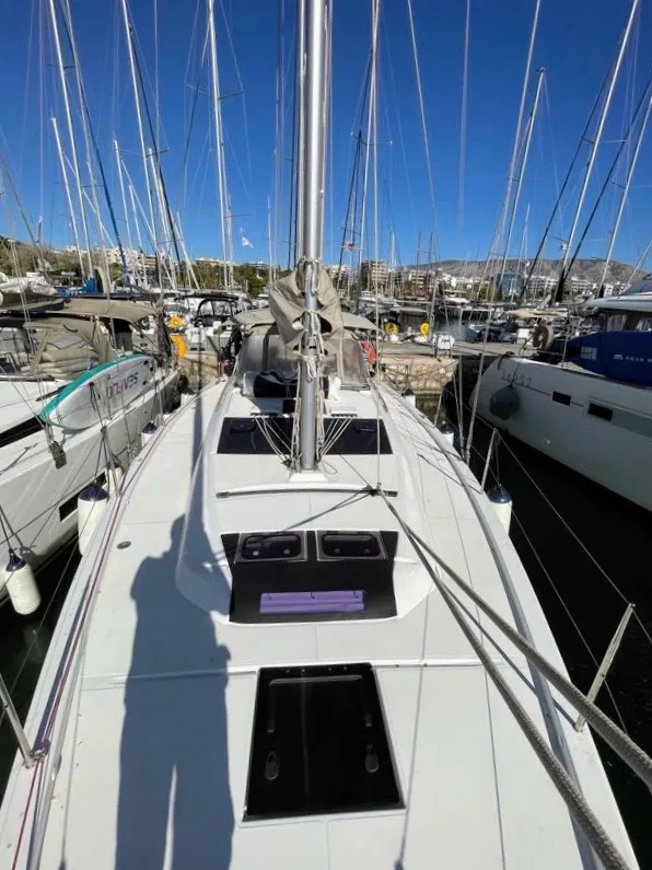 Deck of Gin Fizz, a Dufour 390 sailboat at Athens, Greece