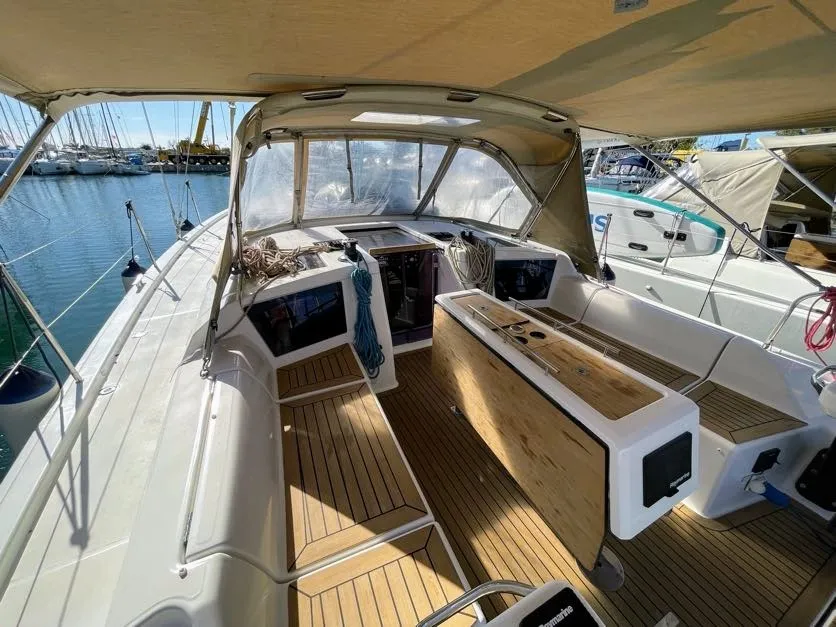 Deck of Gin Fizz, a Dufour 390 sailboat at Athens, Greece