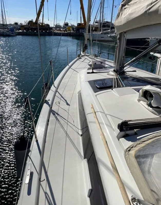 Deck of Gin Fizz, a Dufour 390 sailboat at Athens, Greece