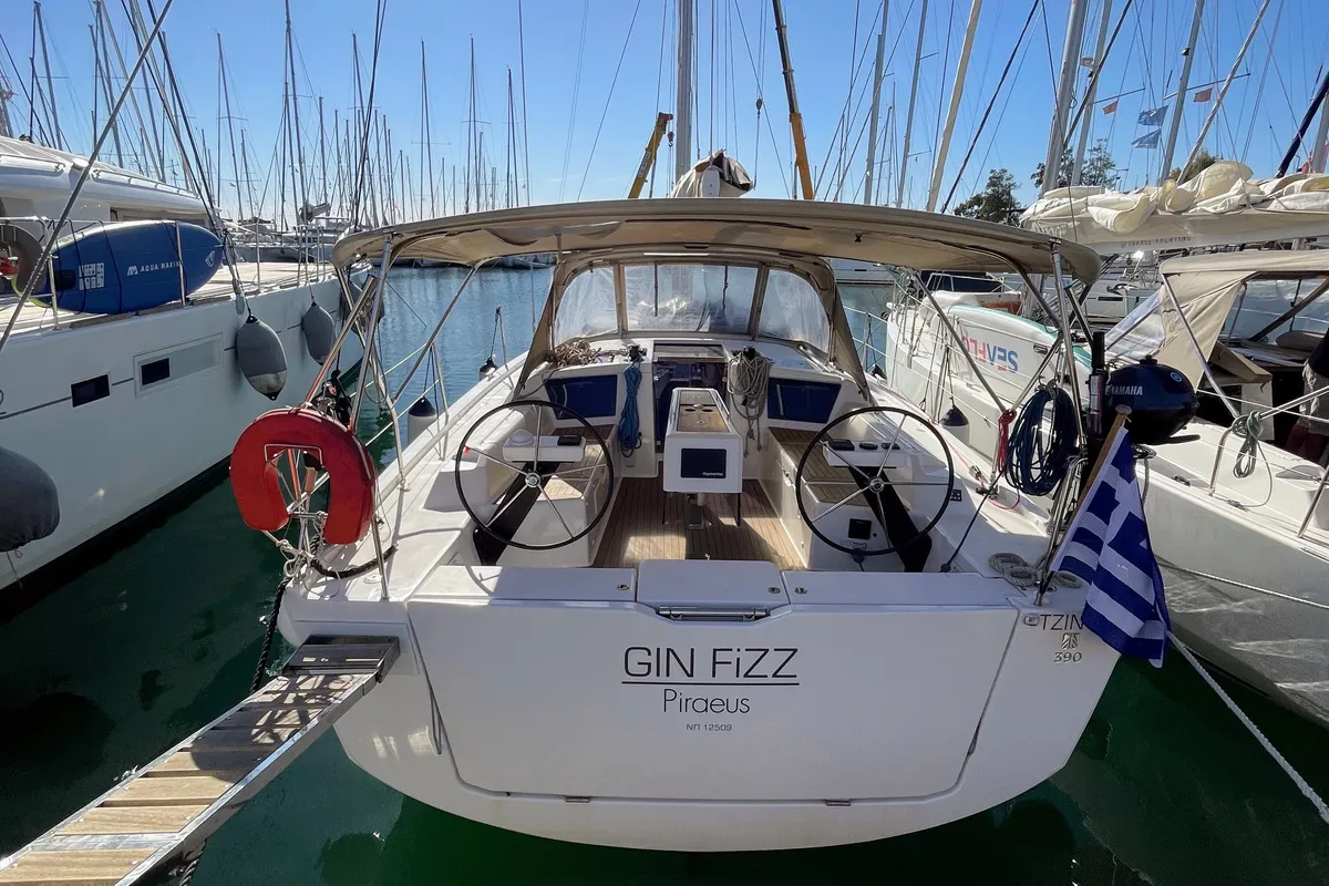 Exterior view of Gin Fizz, a Dufour 390 sailboat at Athens, Greece