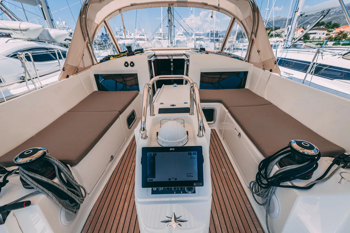 Cockpit of Mikkamakka, a Jeanneau Sun Odyssey 440 sailboat at Kaštela, Croatia