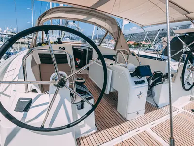 Cockpit of Mikkamakka, a Jeanneau Sun Odyssey 440 sailboat at Kaštela, Croatia