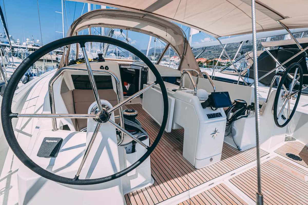 Cockpit of Mikkamakka, a Jeanneau Sun Odyssey 440 sailboat at Kaštela, Croatia