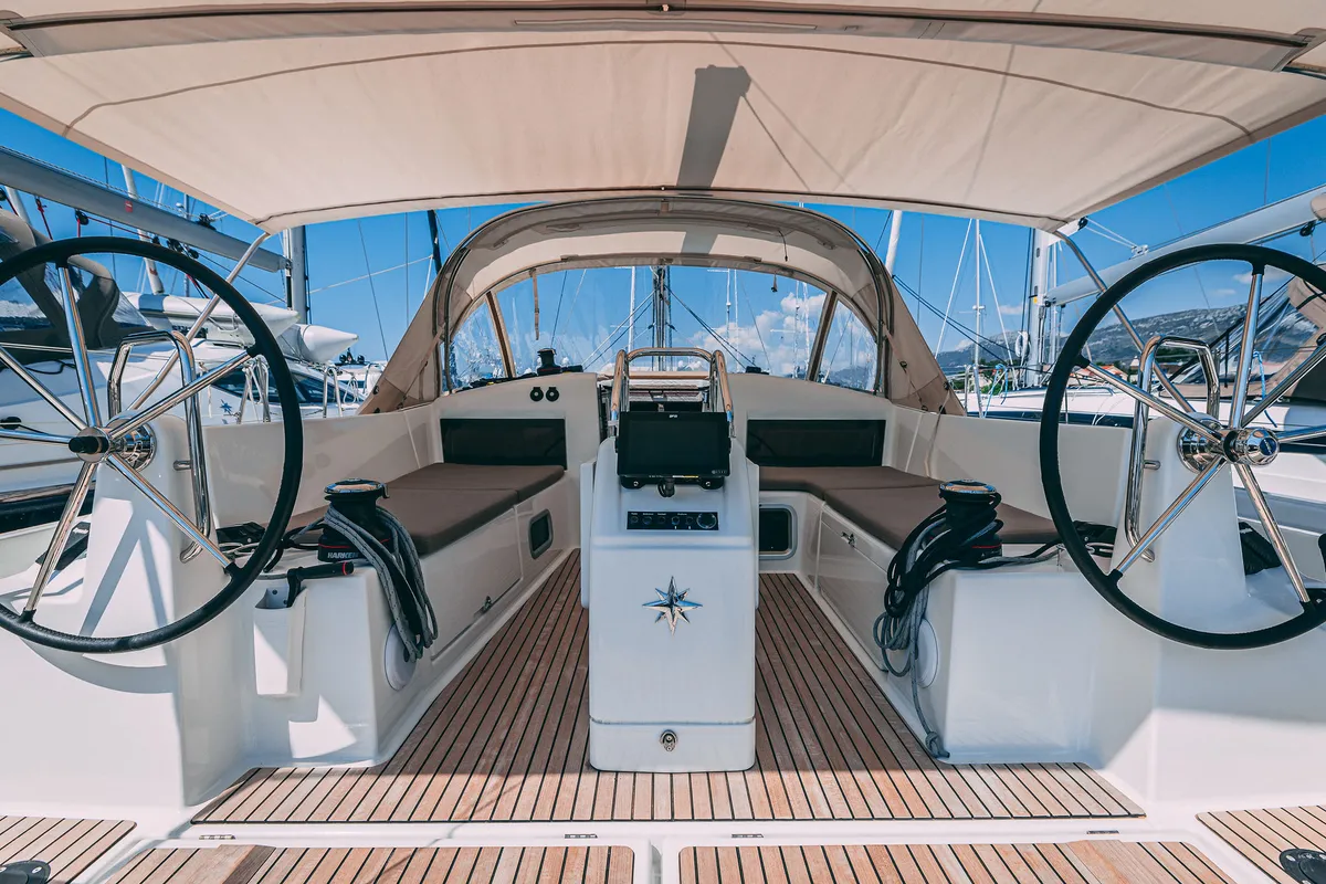 Cockpit of Mikkamakka, a Jeanneau Sun Odyssey 440 sailboat at Kaštela, Croatia