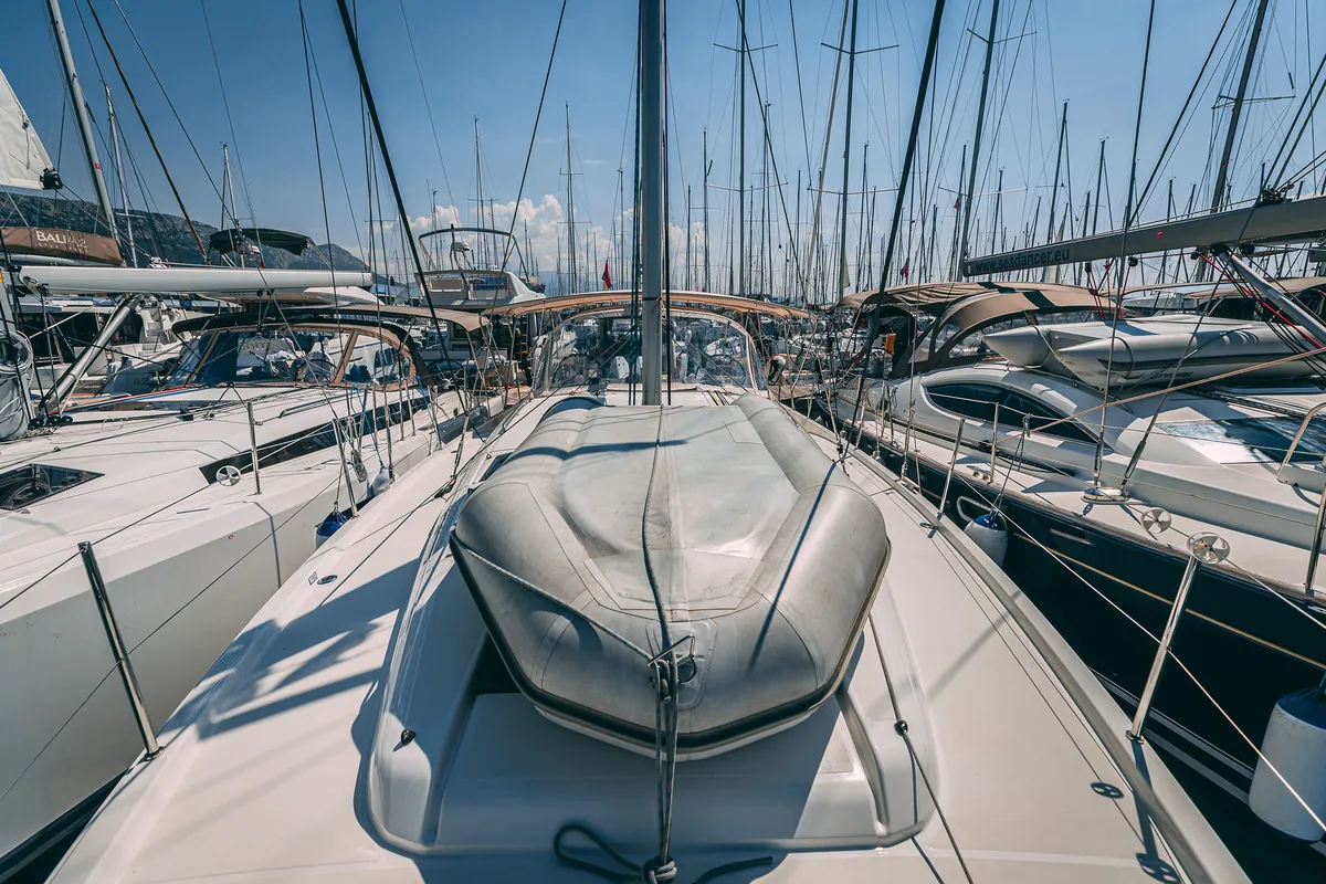 Deck of Mikkamakka, a Jeanneau Sun Odyssey 440 sailboat at Kaštela, Croatia