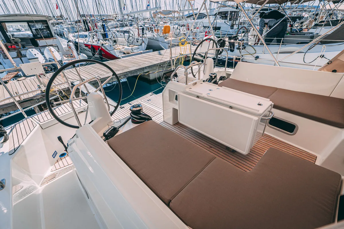Cockpit of Mikkamakka, a Jeanneau Sun Odyssey 440 sailboat at Kaštela, Croatia