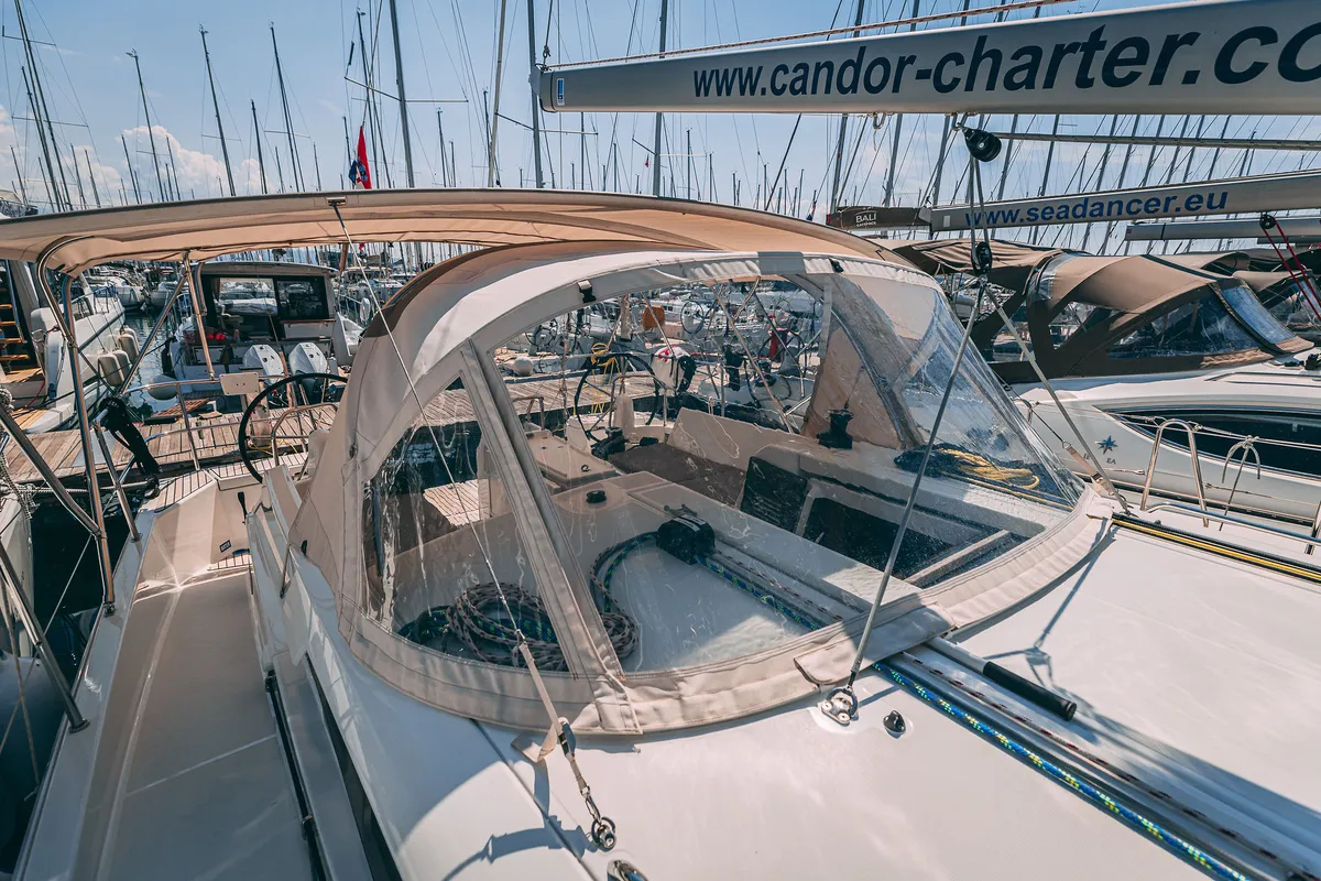 Deck of Mikkamakka, a Jeanneau Sun Odyssey 440 sailboat at Kaštela, Croatia